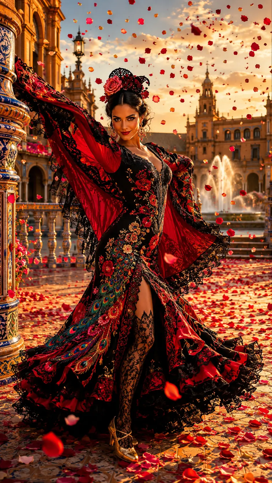 Flamenco dancer queen twirling in a sunlit Andalusian plaza