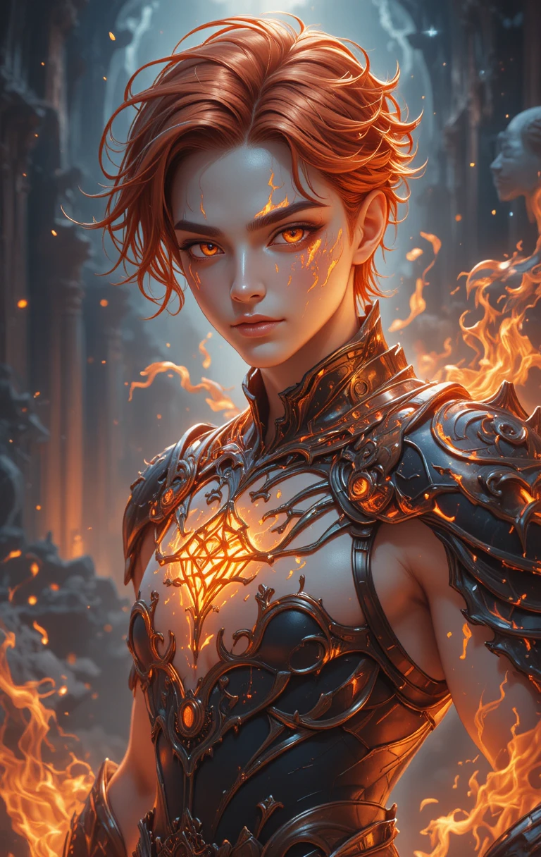 Guerrier phénix de feu musclé en armure sombre d’anime