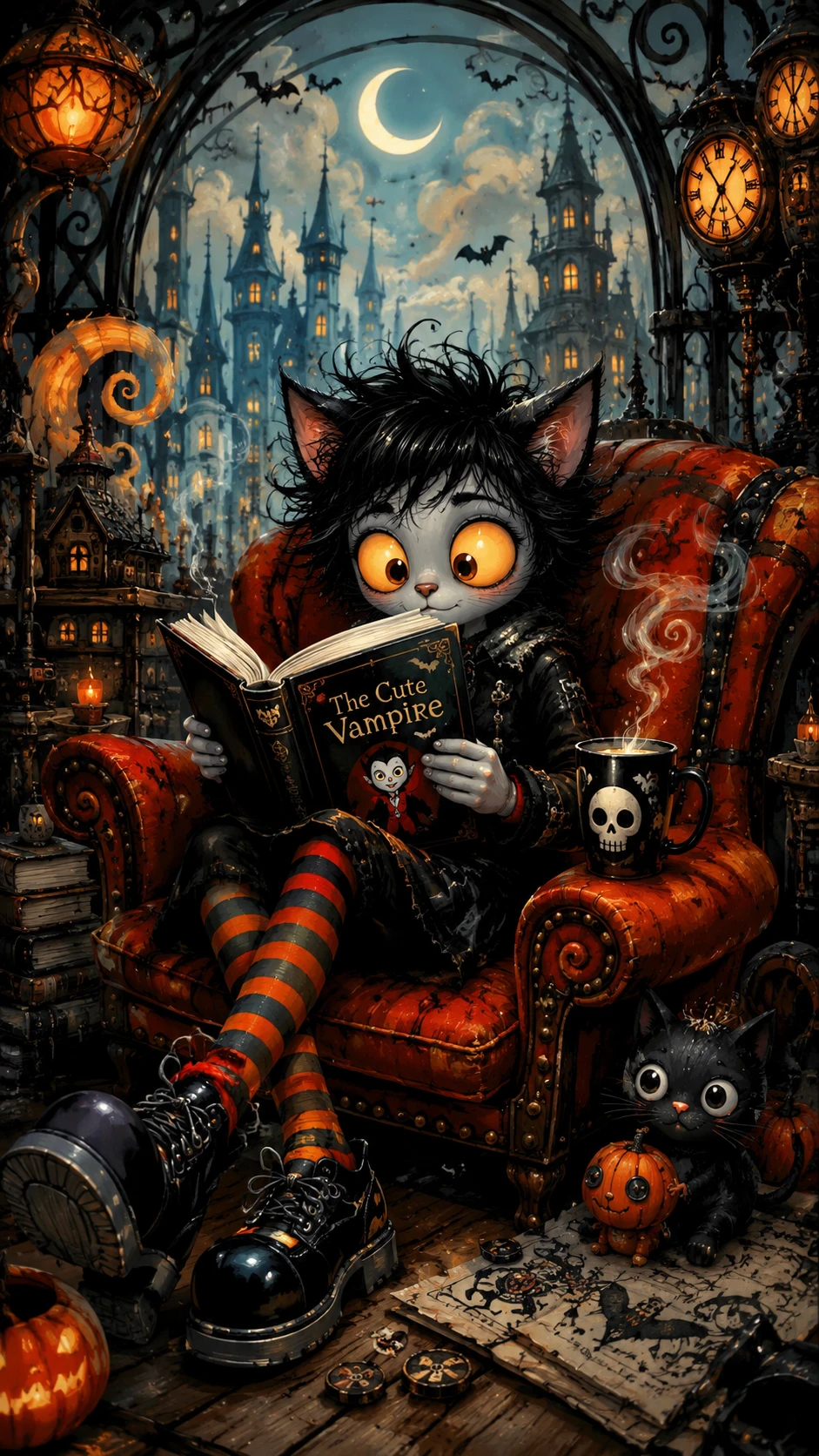 Cat like man reading a gothic vampire book