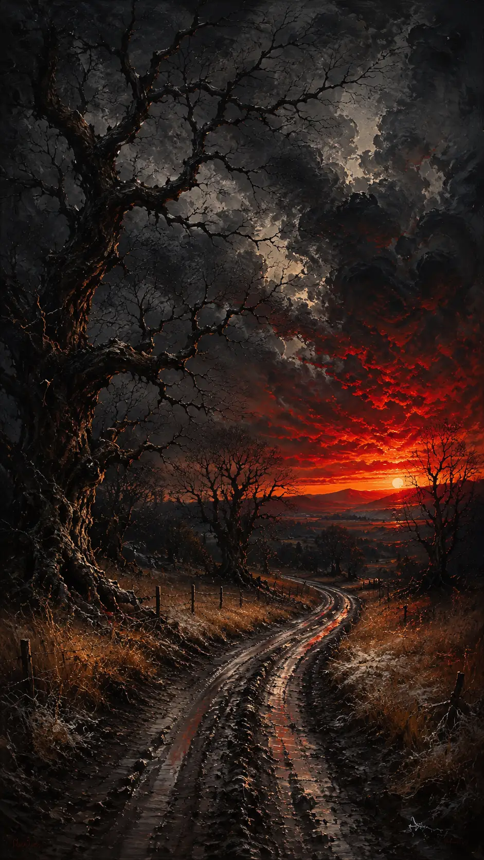 Stormy country road under fiery sunset sky