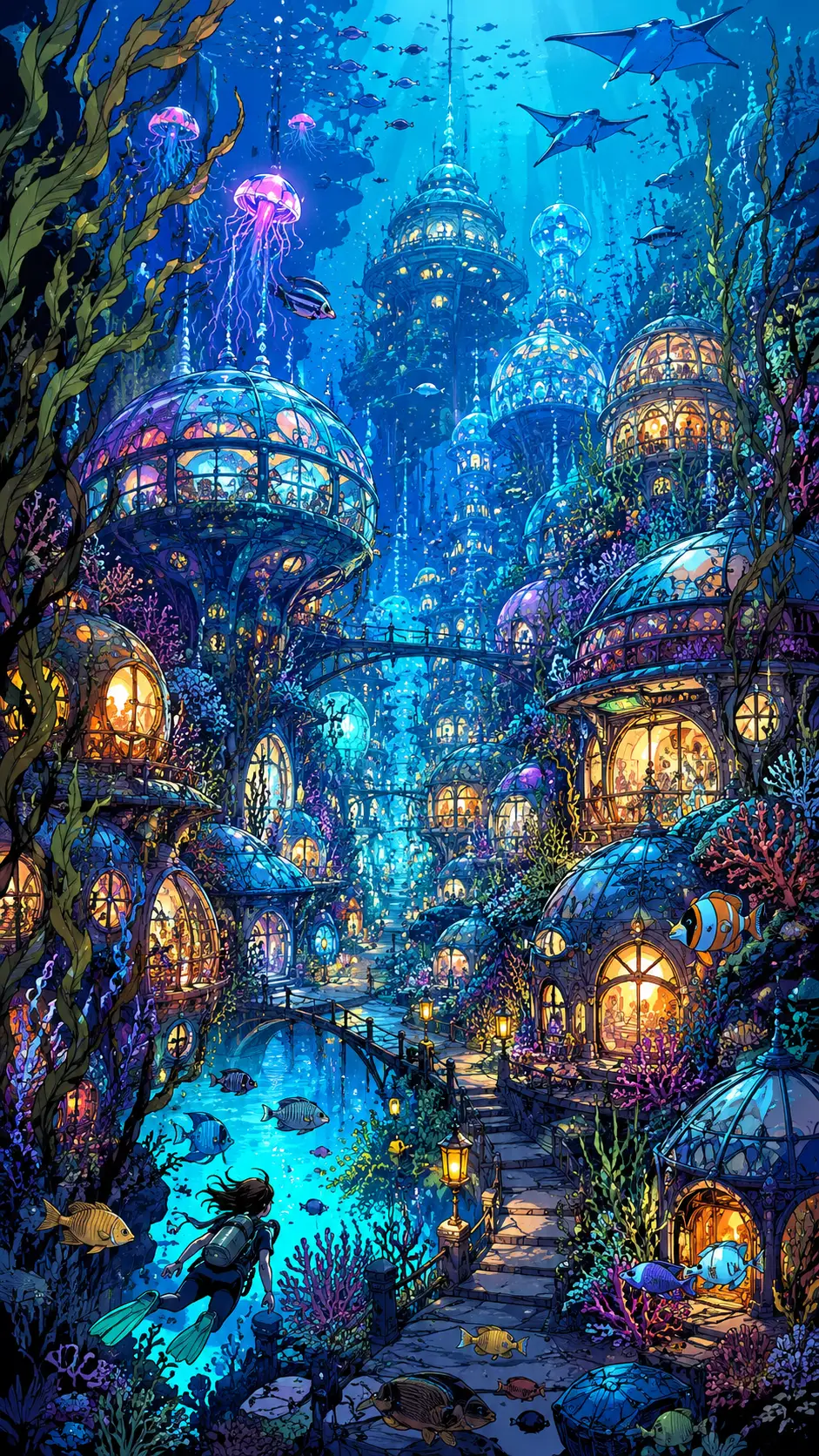 超現實光耀珊瑚建築的水下村莊