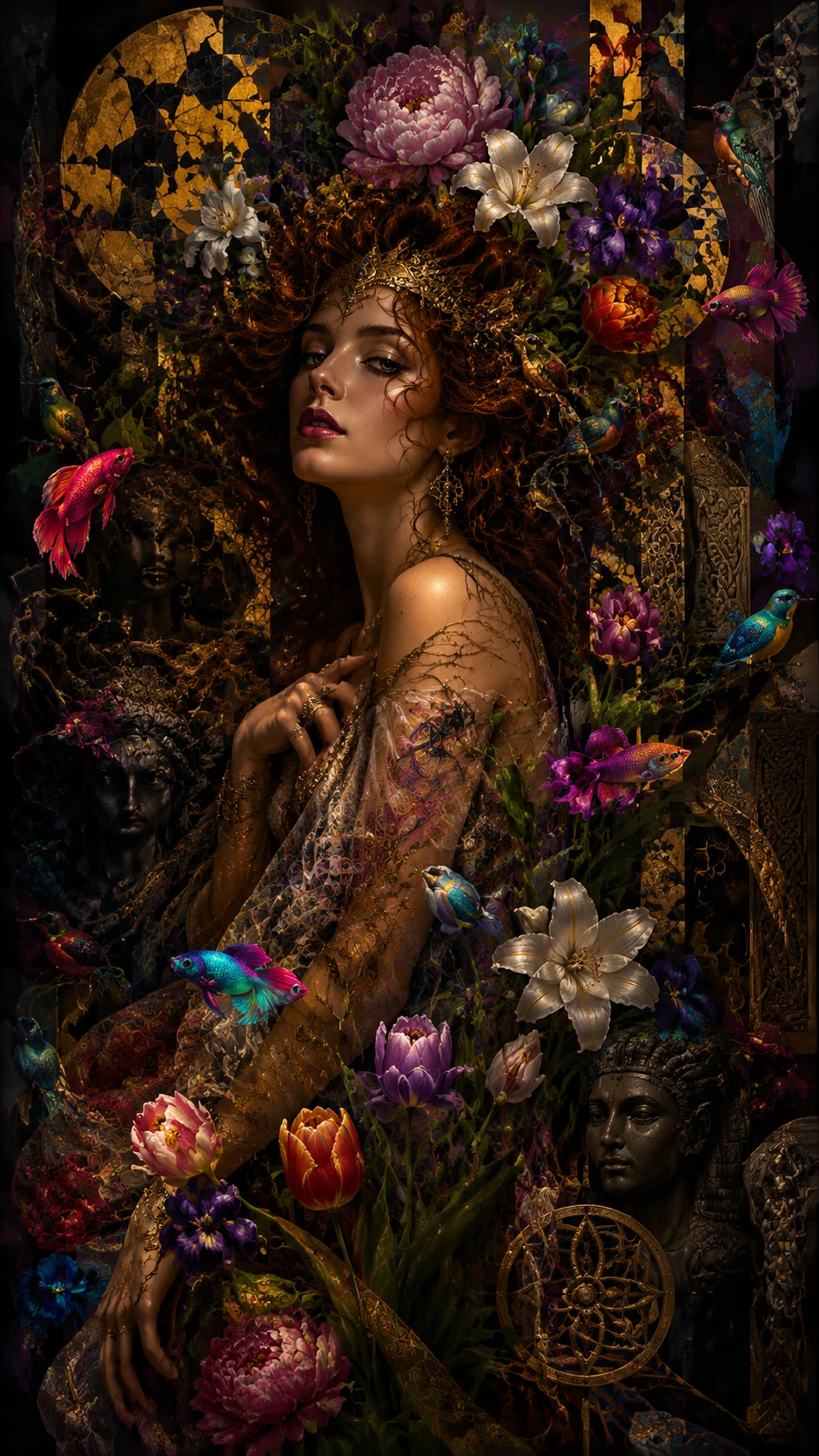 Surreal woman framed by swirling floral and cosmic hair