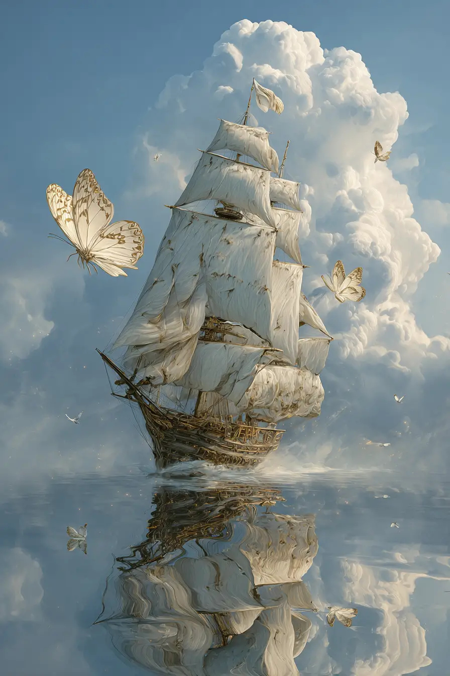 白色帆船在雲端之上漂浮的魔幻天空