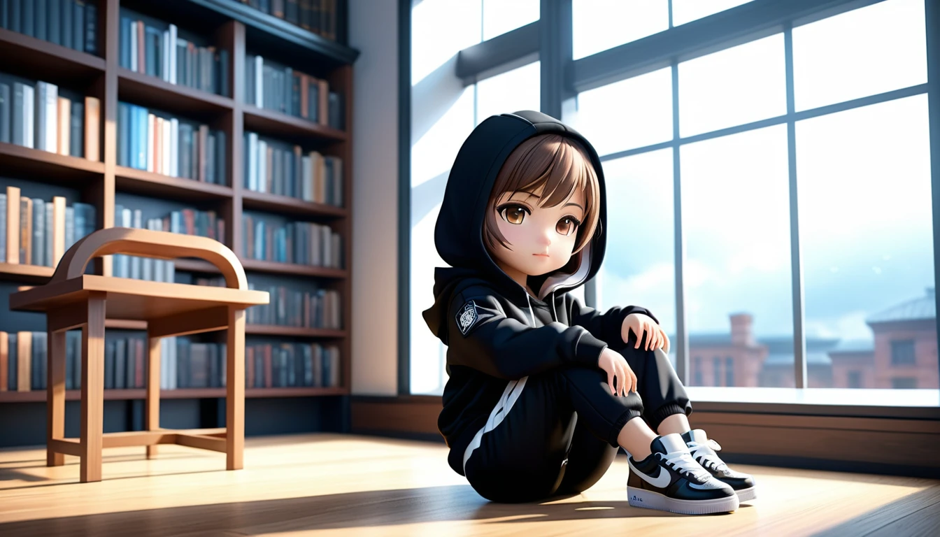 Garota chibi relaxando em uma cadeira na janela de uma biblioteca histórica