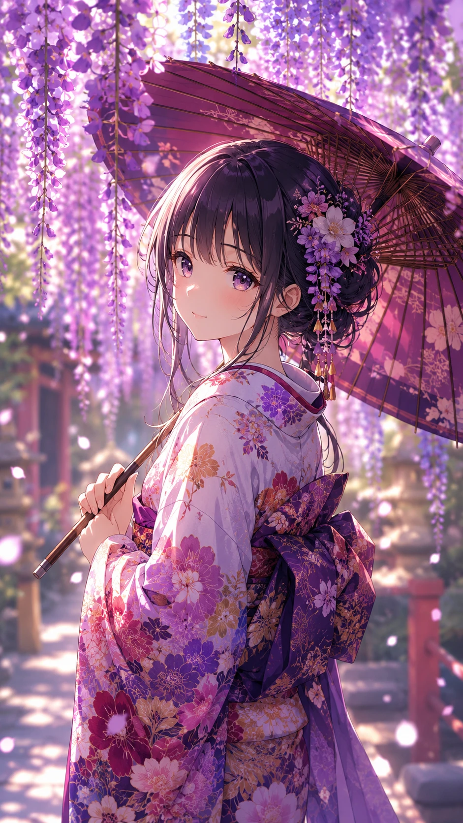 Garota de anime sob glicínias com guarda-chuva tradicional