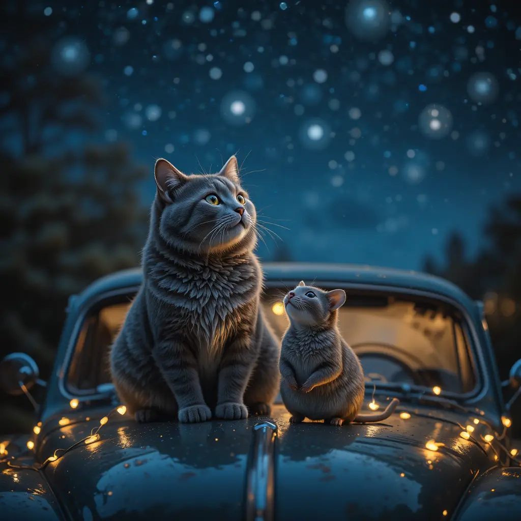 Gatto e topolino sotto un cielo notturno stellato