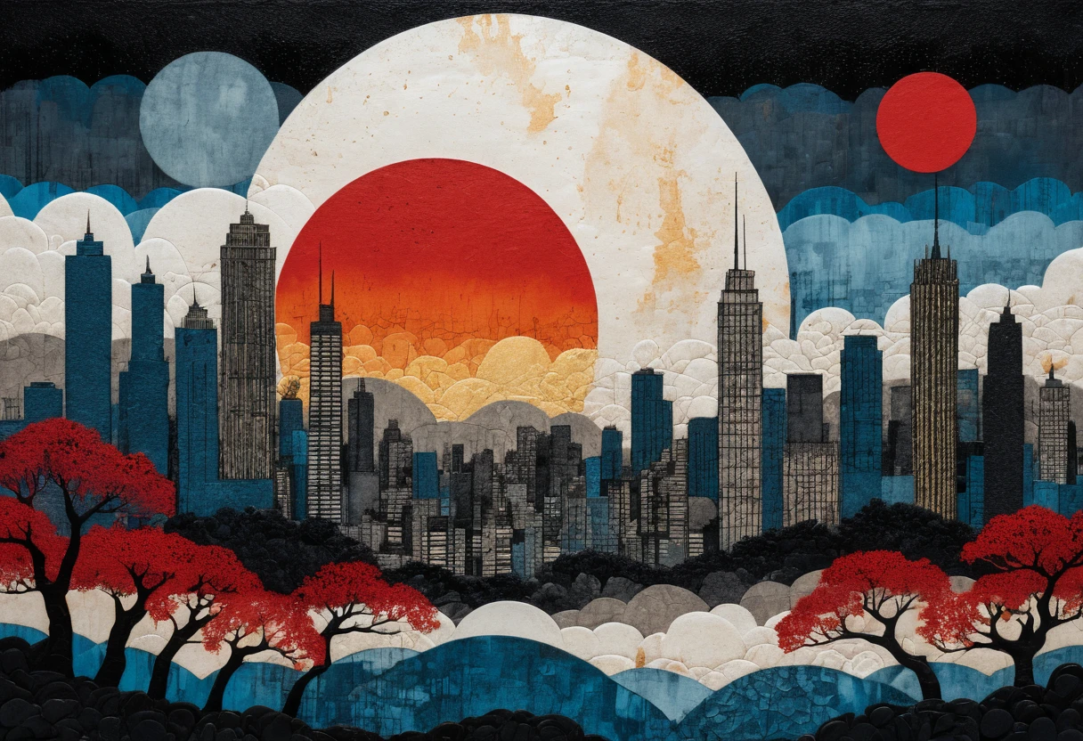 Paisagem urbana abstrata em camadas sob vários sóis em estilo ukiyo-e