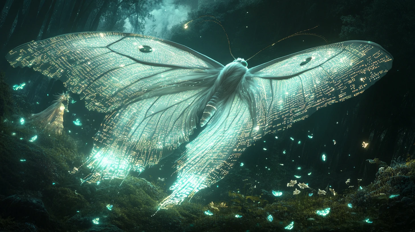 Mariposa-lua de dados vivos sobre um reino oculto de musgo