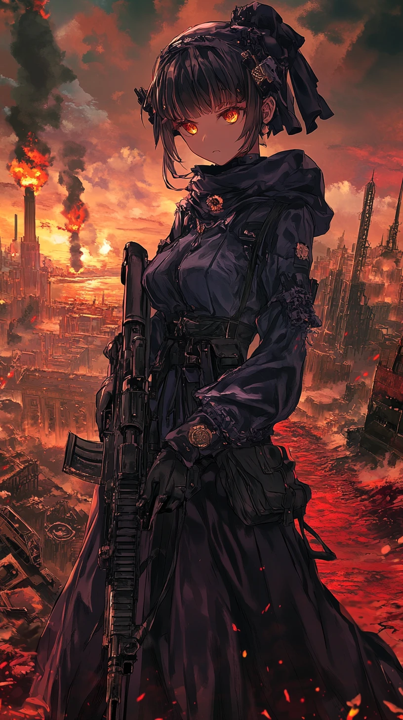 Anime girl on a golden path in a surreal fantasy city