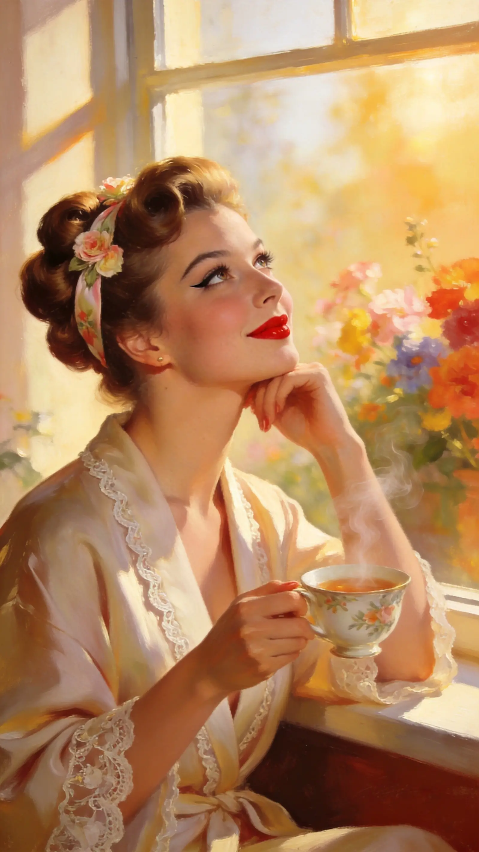 Pin up anni ’50 accanto a una finestra illuminata dal sole