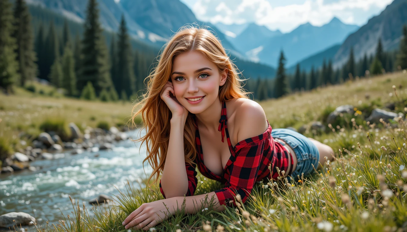 Jeune femme souriante en short en jean dans un pré de montagne