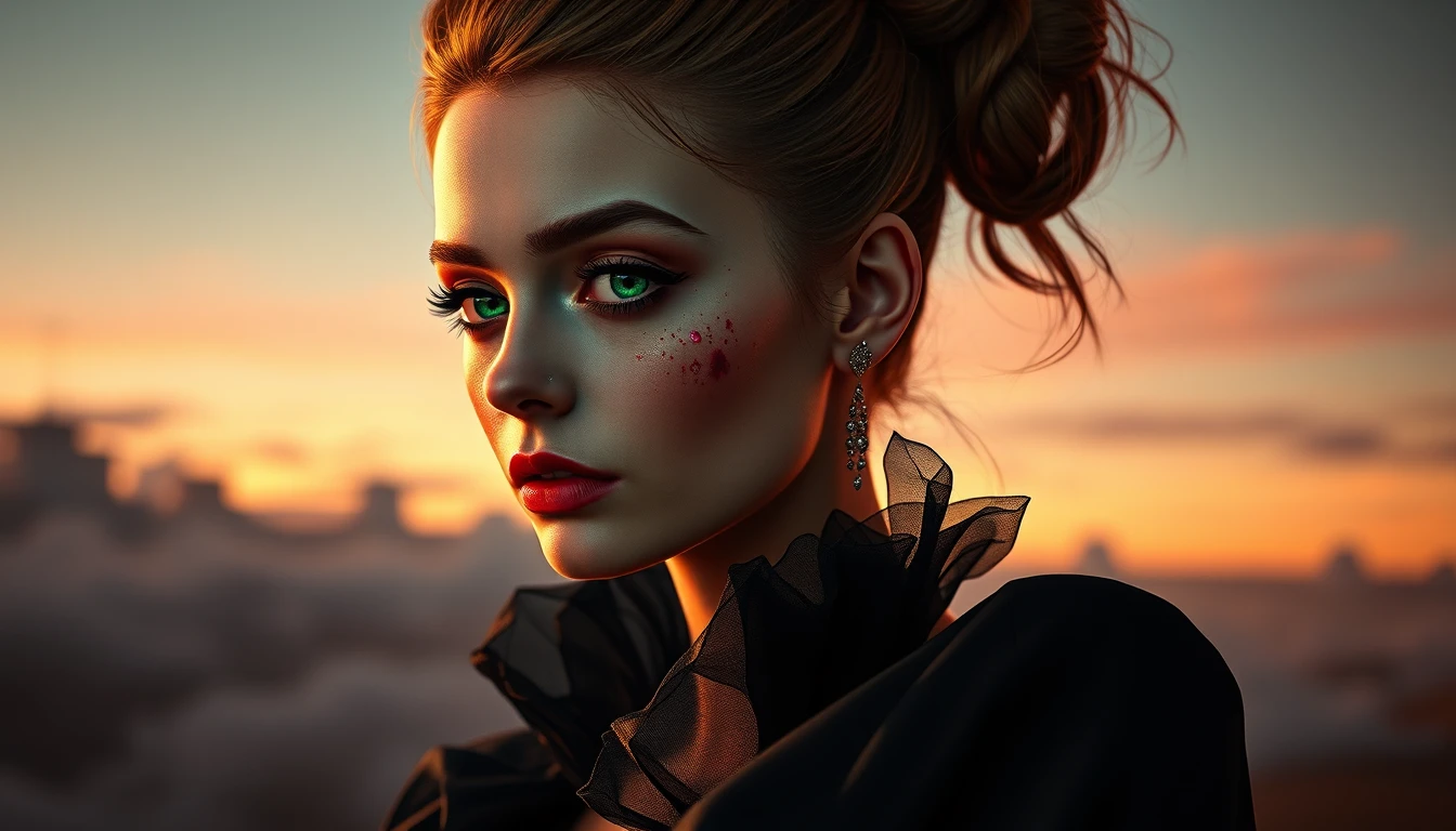 Mulher sardenta assustada sob um céu surreal rasgado