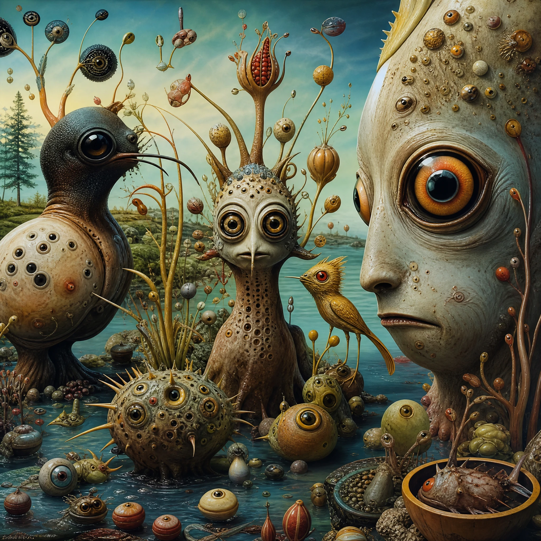 Tableau à l’huile surréaliste de formes de vie imaginaires en fusion