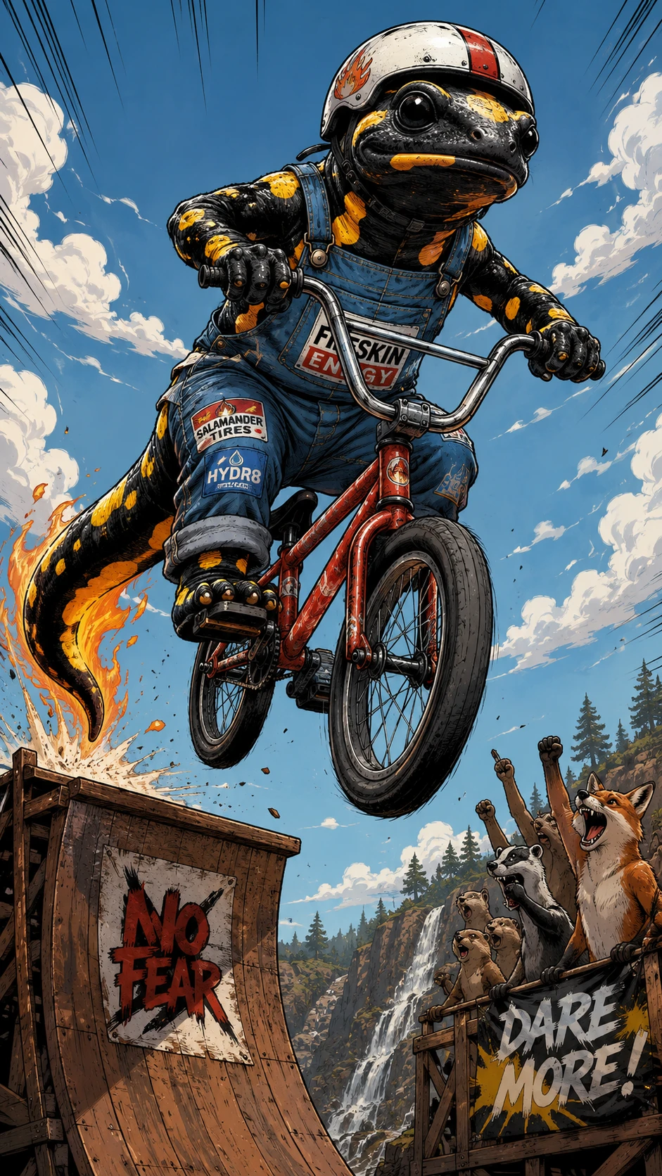 Fire salamander jumping a bicycle off a tall ramp
