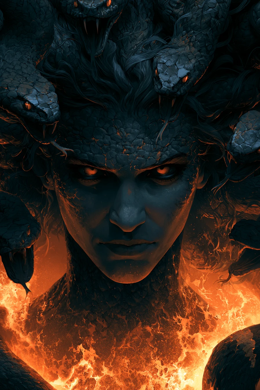 Medusa Surgiendo de Lava Fundida en Ilustración Gráfica Oscura