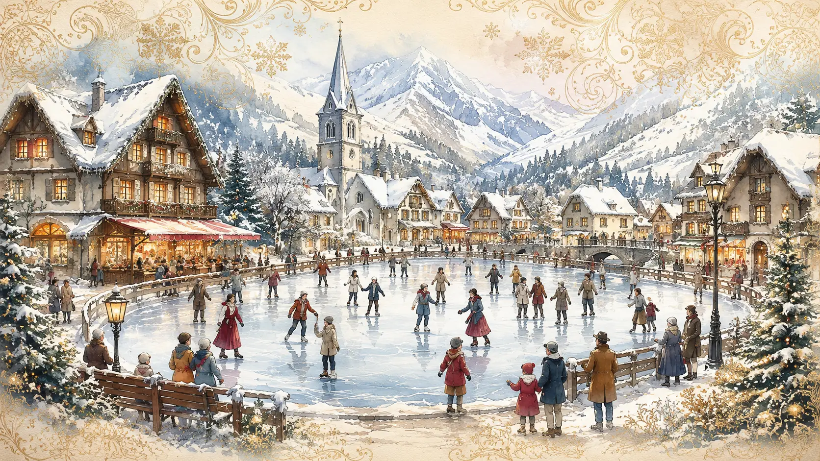 Traditional winter village square with ice skating scene