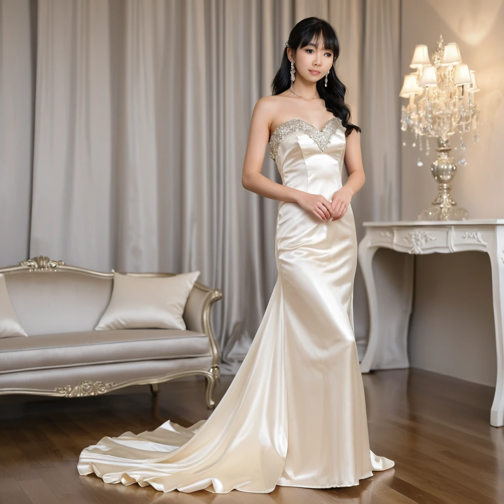 Jovem japonesa elegante em vestido tomara-que-caia de cetim marfim