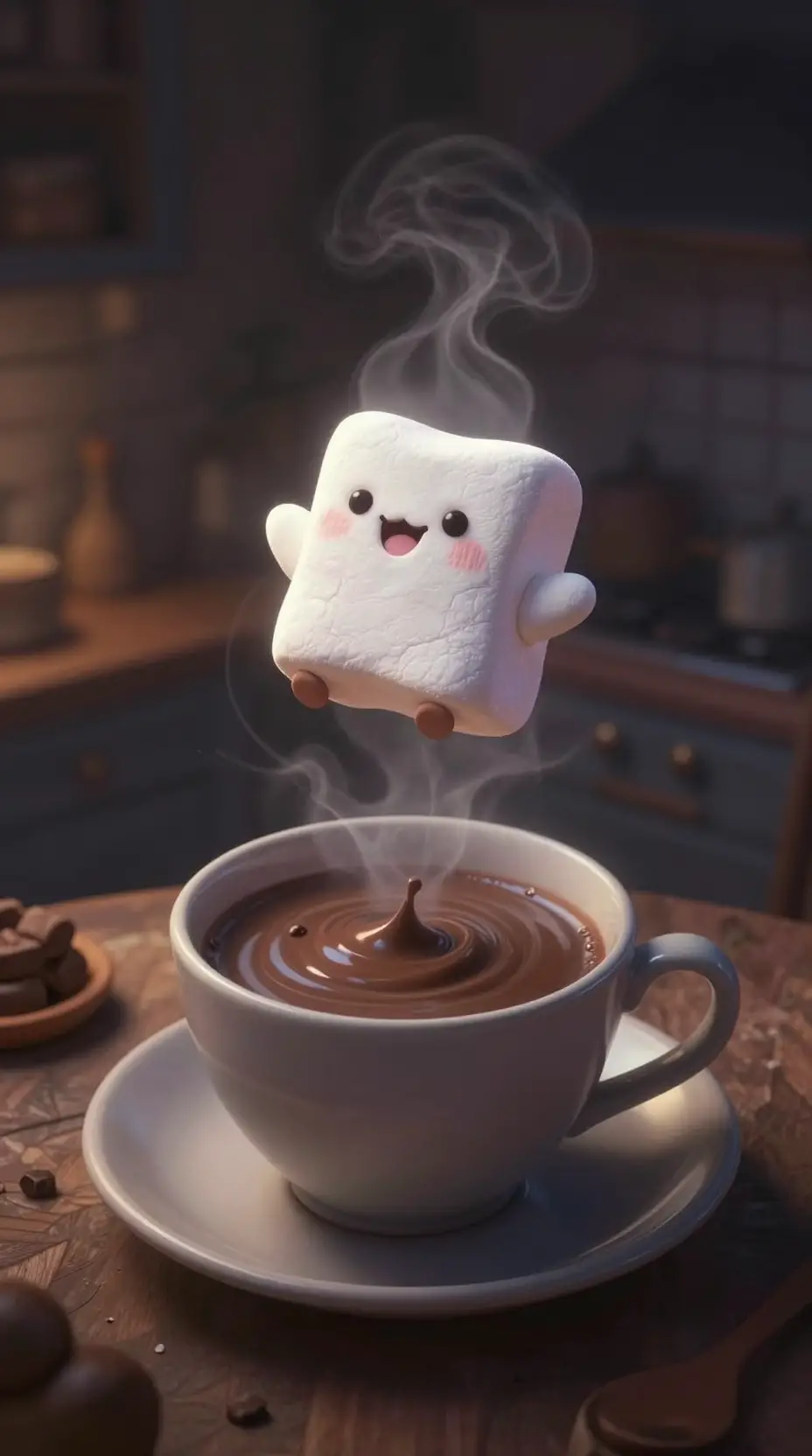 Criatura de marshmallow flutuando em uma xícara de chocolate da meia-noite