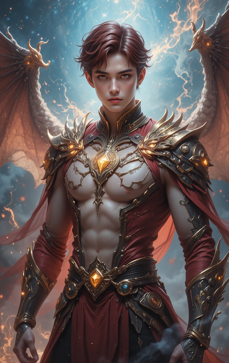 Guerreiro de anime musculoso com chifres de dragão e olhos flamejantes