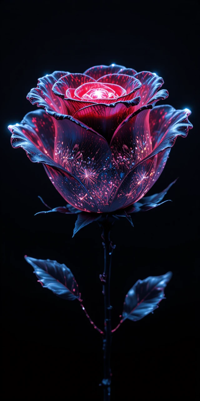 Glowing Black Rose With Glass Petals On Dark Background