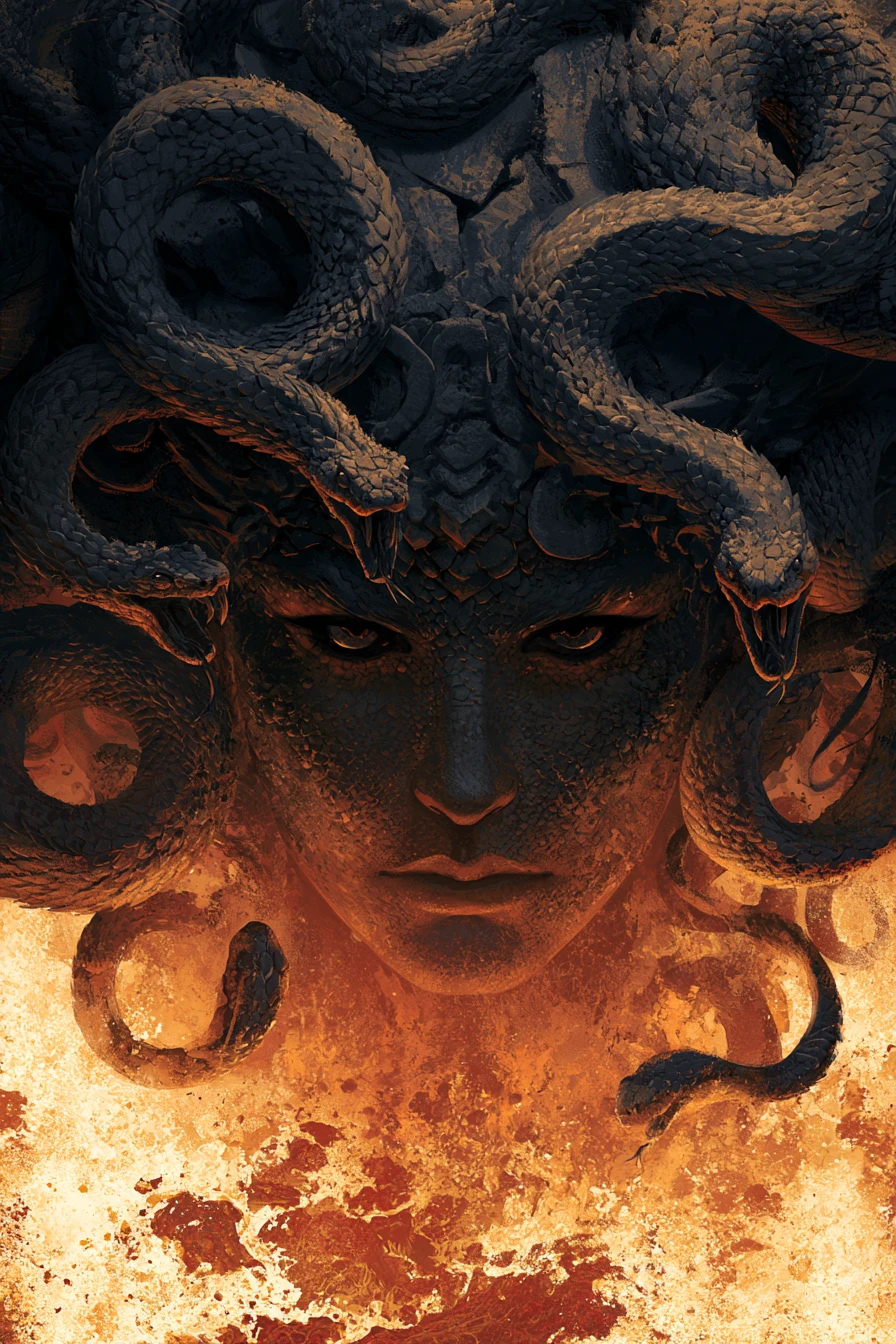 Medusa Surgiendo de la Lava Fundida en Ilustración Gráfica Oscura