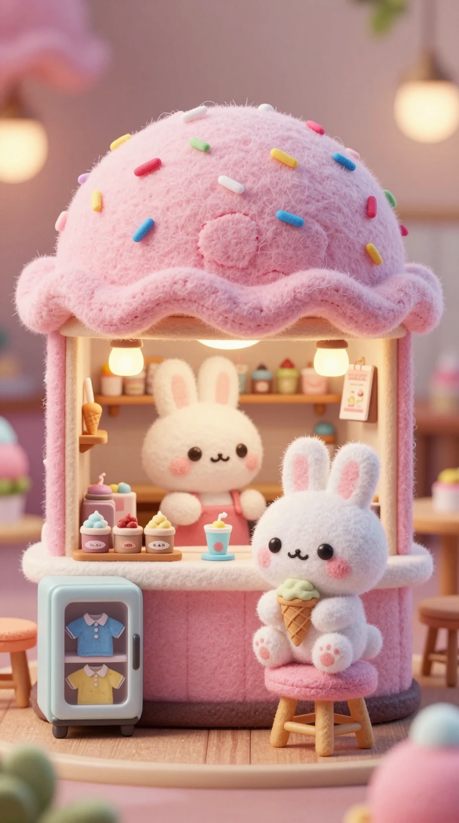 Sorveteria de feltro com duas atendentes coelhinhas fofas