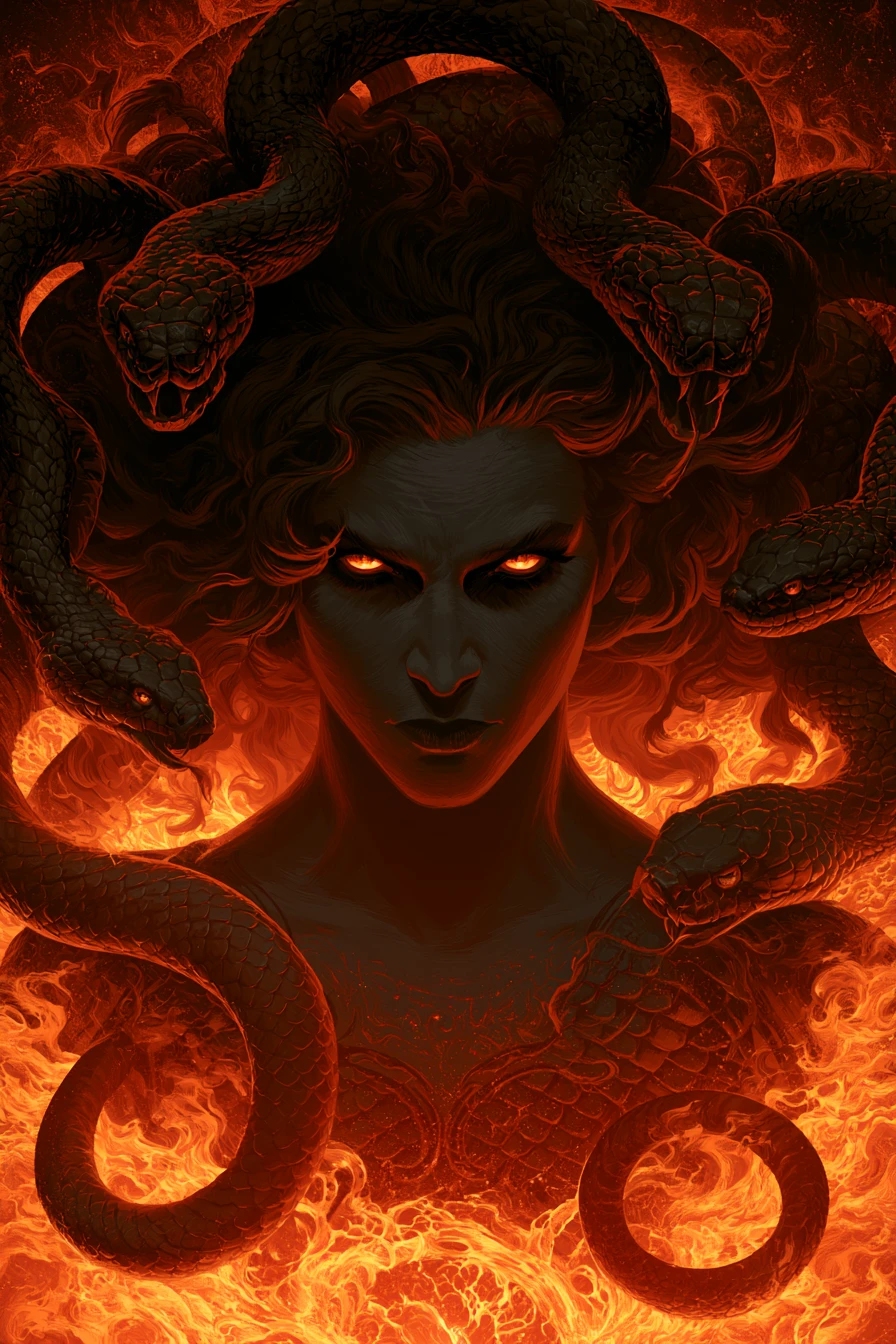 Medusa surgiendo de la lava fundida en ilustración noir sombría