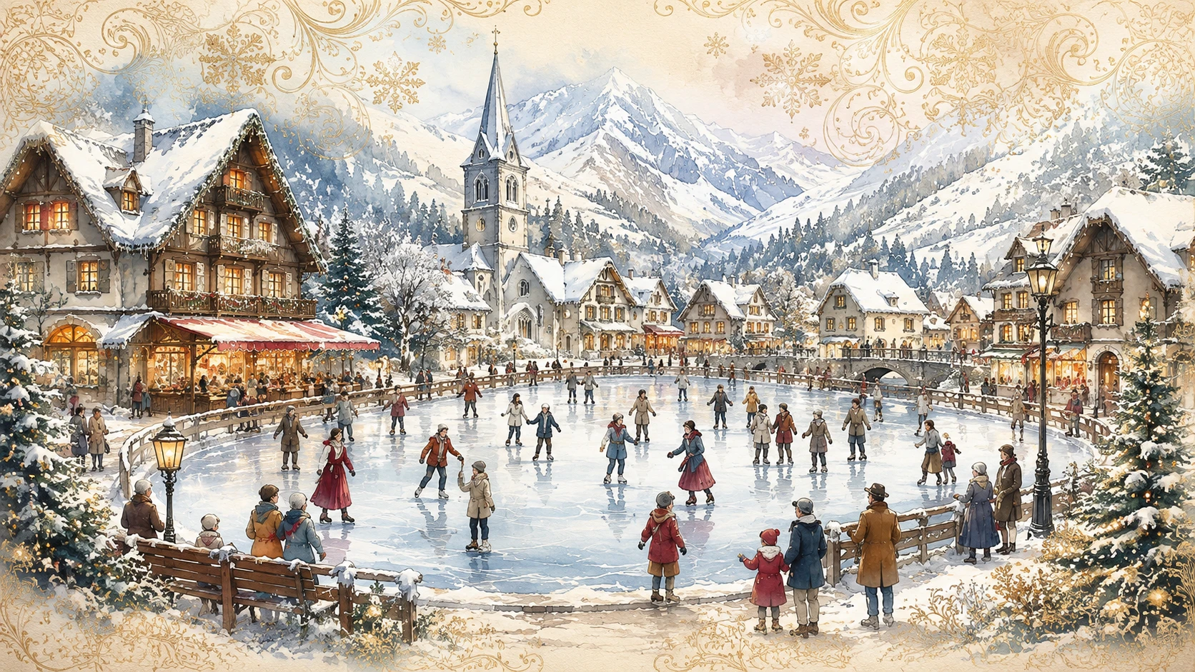 Traditional winter village square with ice skating scene
