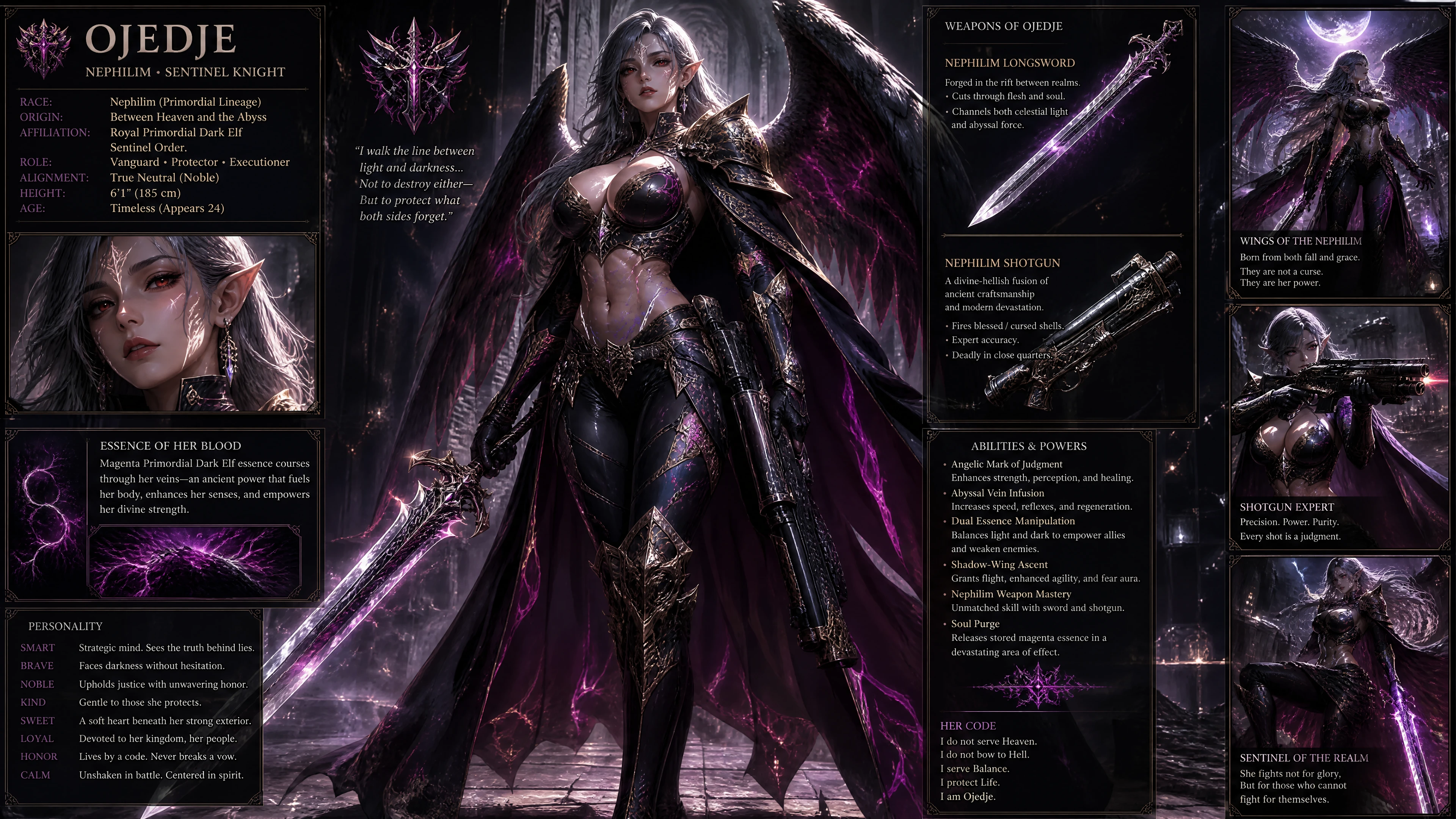Femme néphilim ailée en armure de chevalier elfe noir