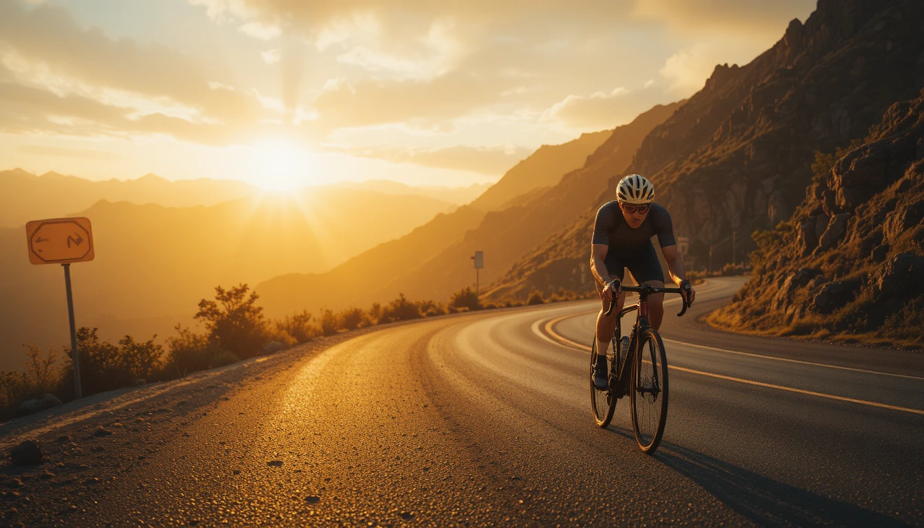 Road cyclist racing along a dramatic alpine ridge