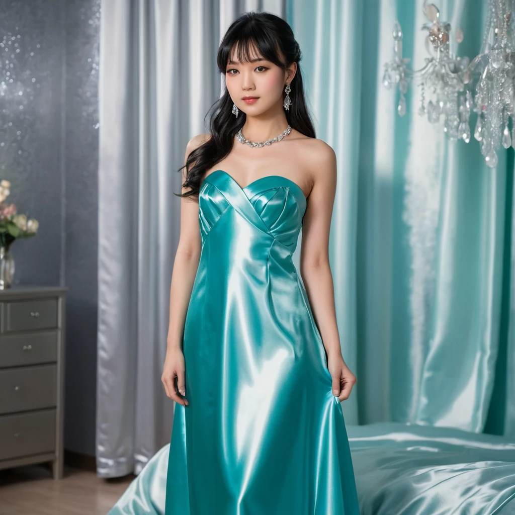 Giovane donna elegante in lungo abito da ballo di raso lucido