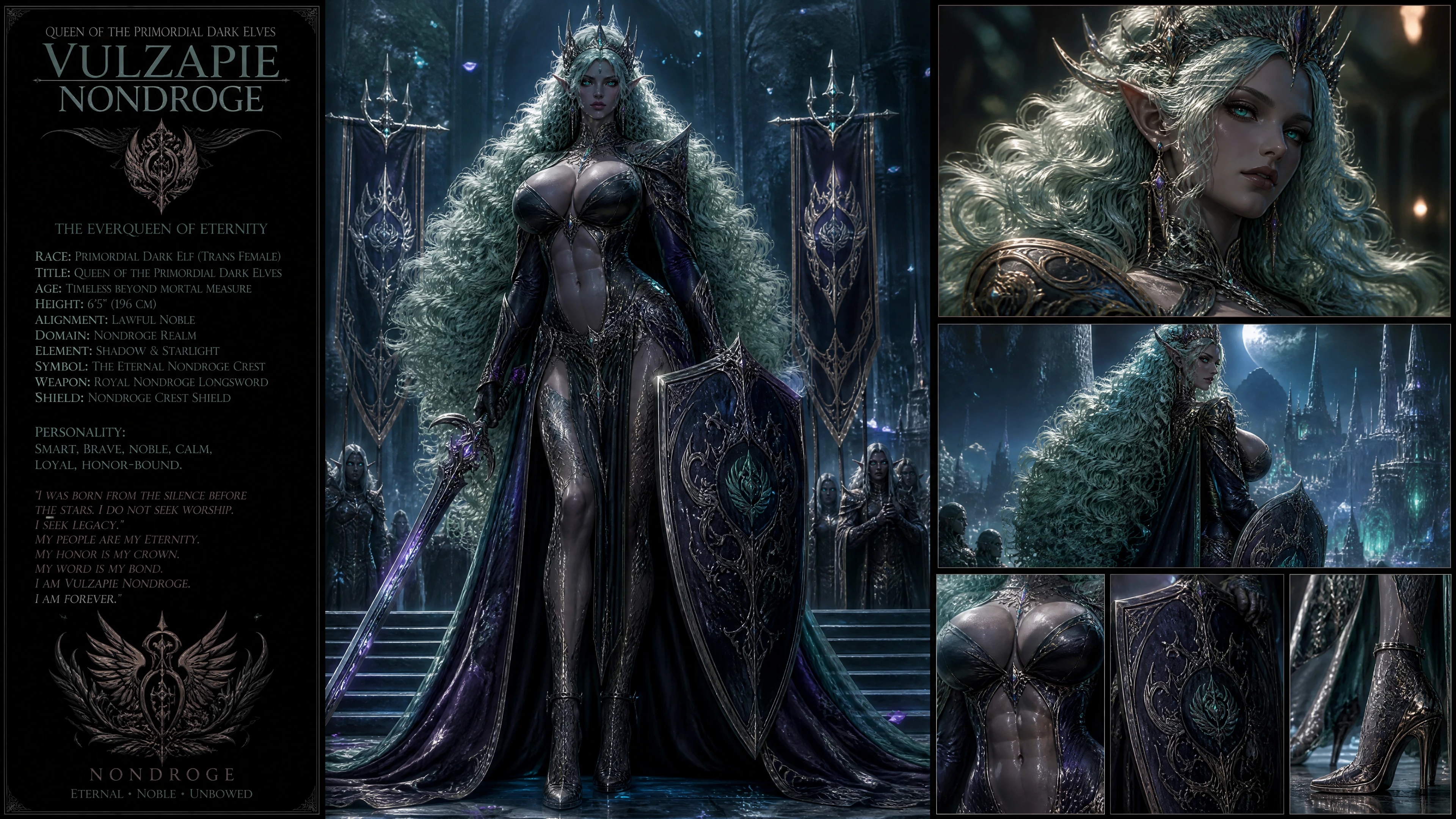 Regal dark elf queen with silver green hair and armor