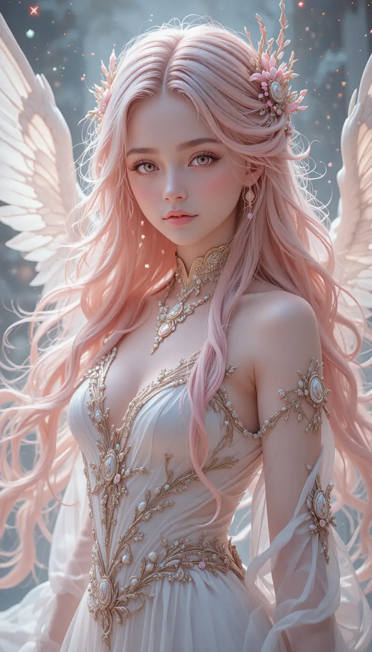 Junge Anime-Heilerin mit rosa Haaren und leuchtenden Engelsflügeln