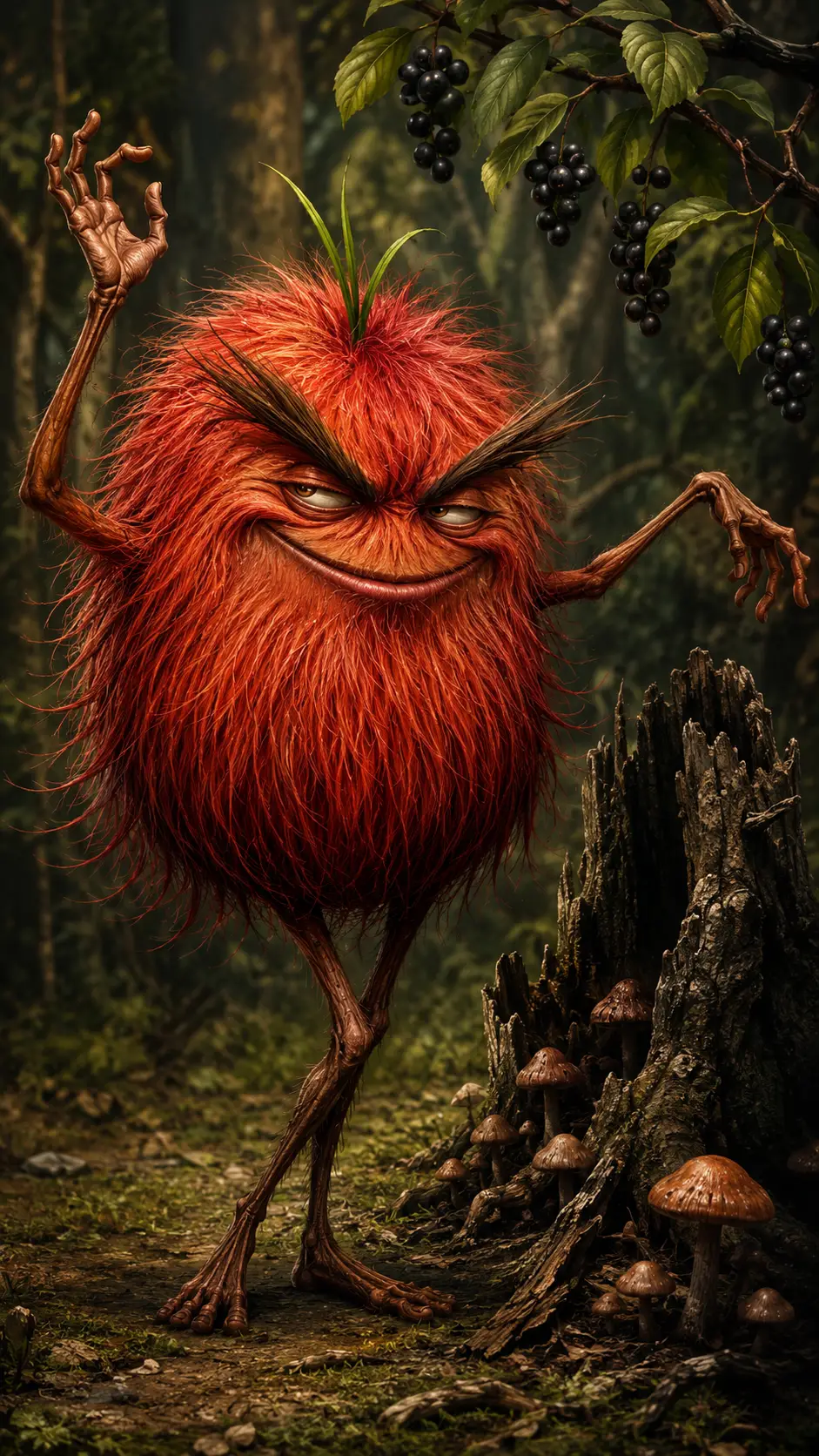 Shaggy Red Cartoon Monster In A Sunny Forest Clearing