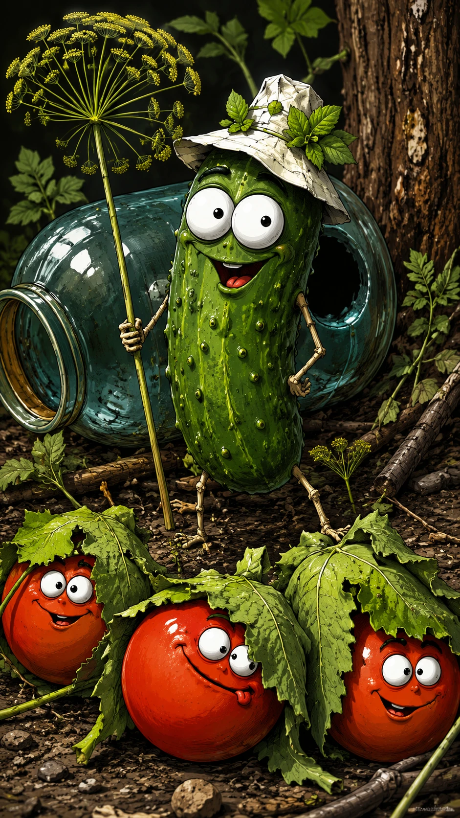 Buffa creatura verde cartoon con pomodori e ombrello di erbe aromatiche