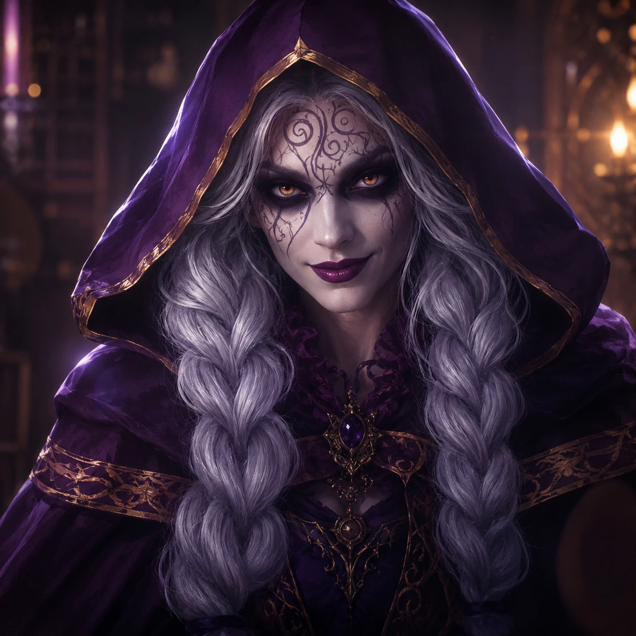 Feiticeira gótica com manto roxo com capuz – retrato