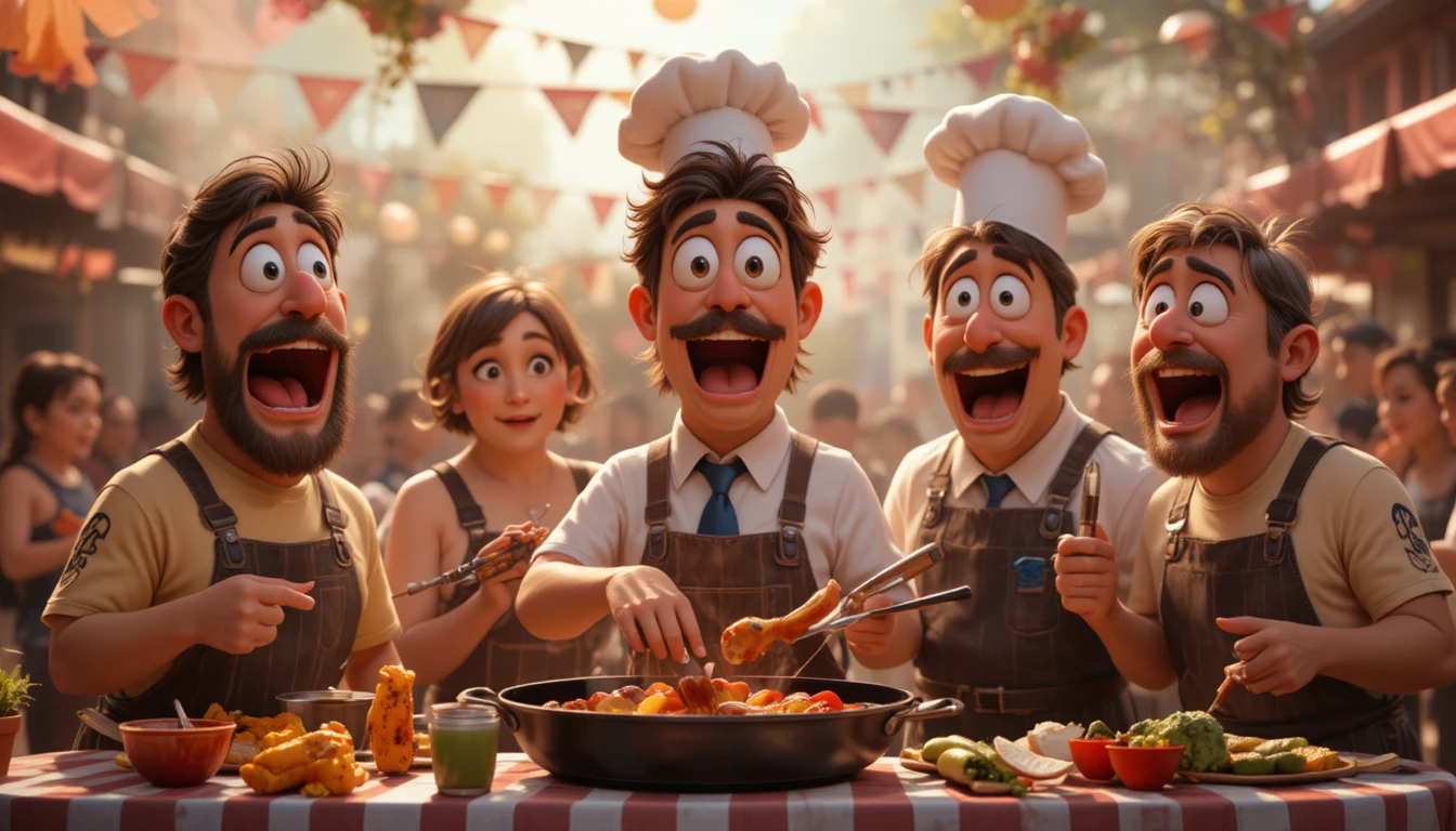 Folla di cartoni animati colorati a una stravagante convention di barbecue