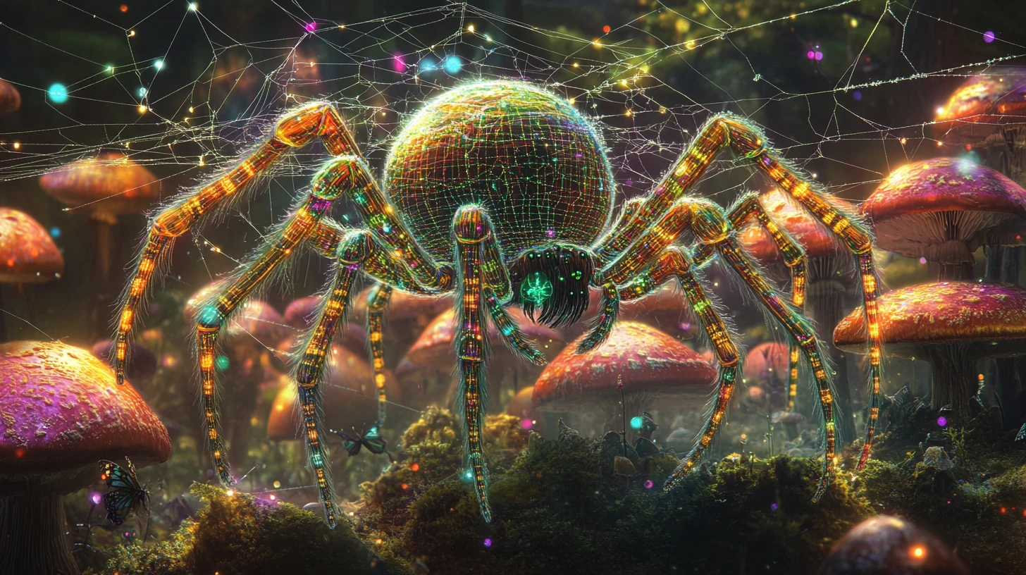 Teia de aranha gigante entre cogumelos imponentes em floresta fantástica