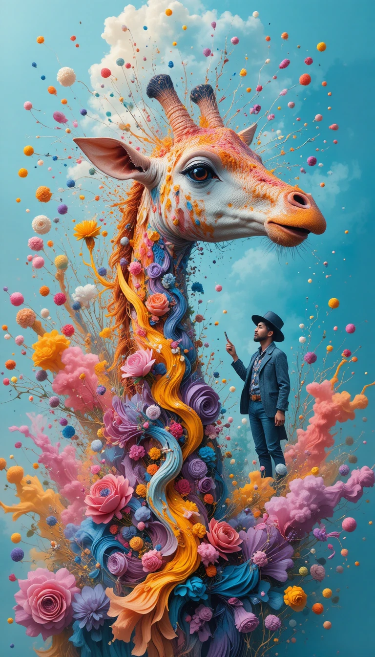 Abstrakte Giraffe vor wirbelndem, farbenfrohem, rustikalem Hintergrund