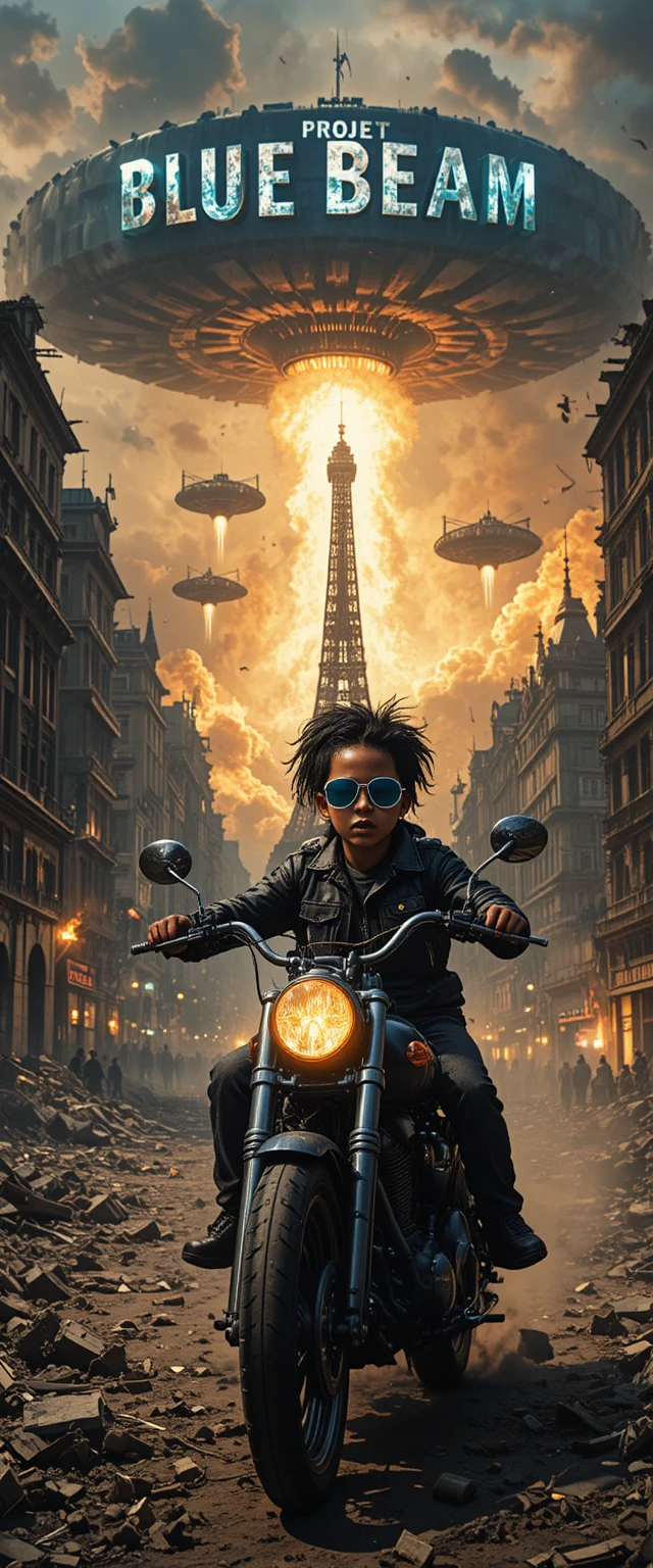 Bebê motociclista africano em uma Harley fugindo de cidade em chamas