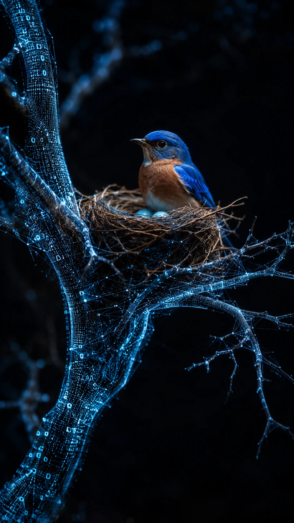 Digital tree branch with bluebird nest in dramatic light