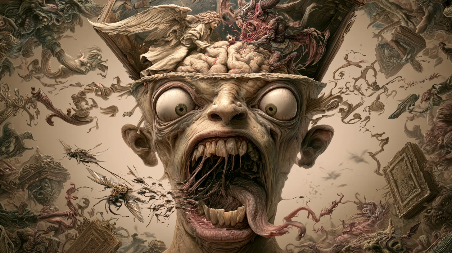 Rosto surreal distorcido com insetos e cérebro exposto