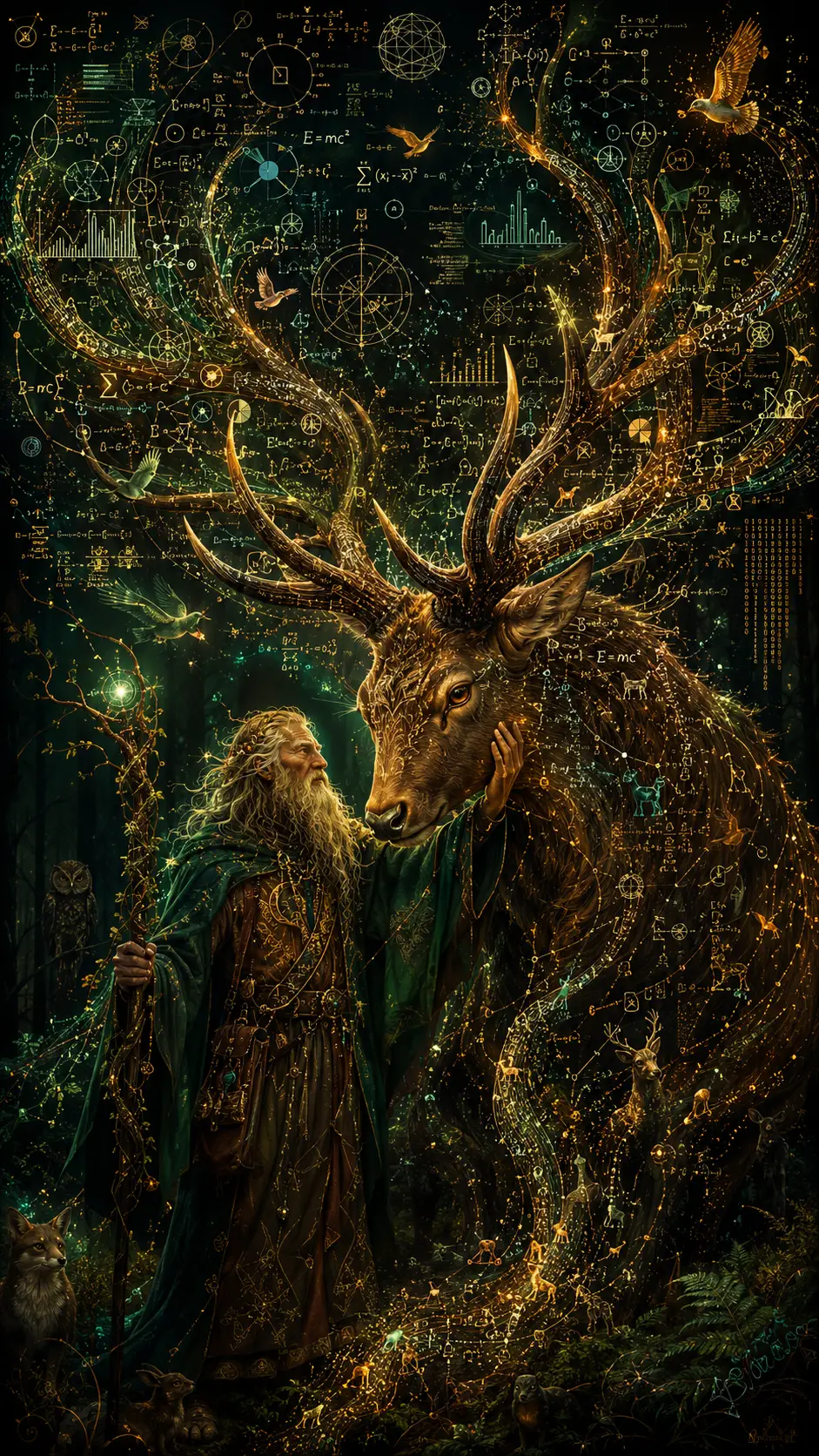 Forest druid with cosmic antlers of data and galaxies