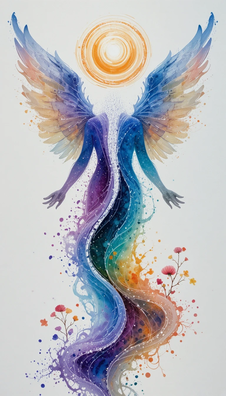 Anjo abstrato em aquarela de vento e aurora com luz radiante