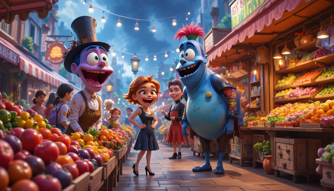 Mercado colorido em 3D estilo cartoon com compradores animados e excêntricos