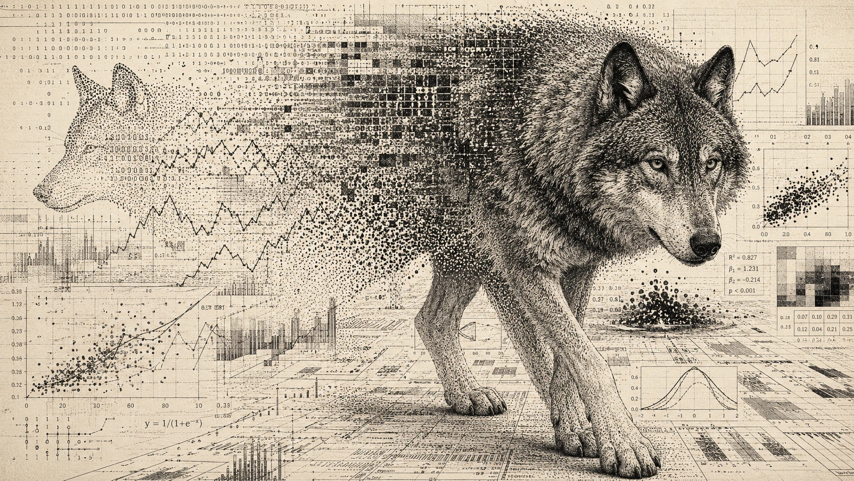 Lobo Emergindo de Infinitas Visualizações de Dados em Pontilhismo de Tinta