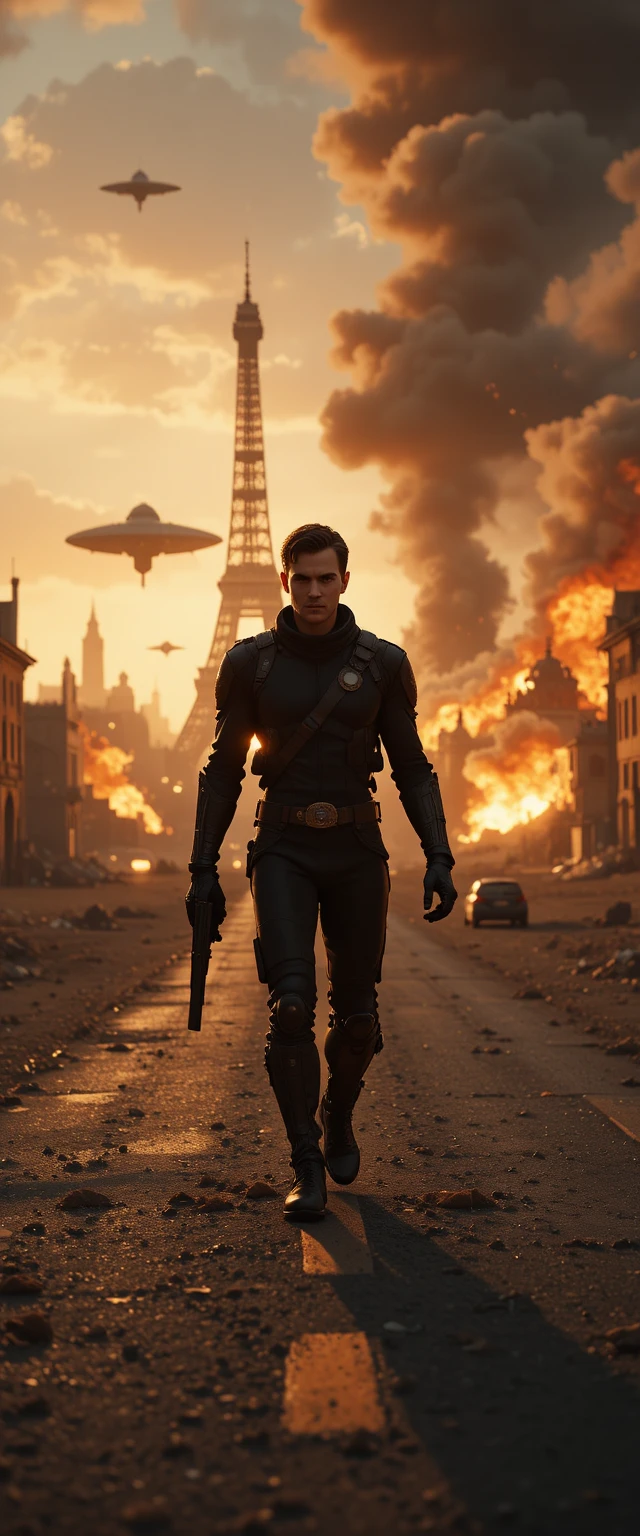 Armed man walking down burning desert road at sunset