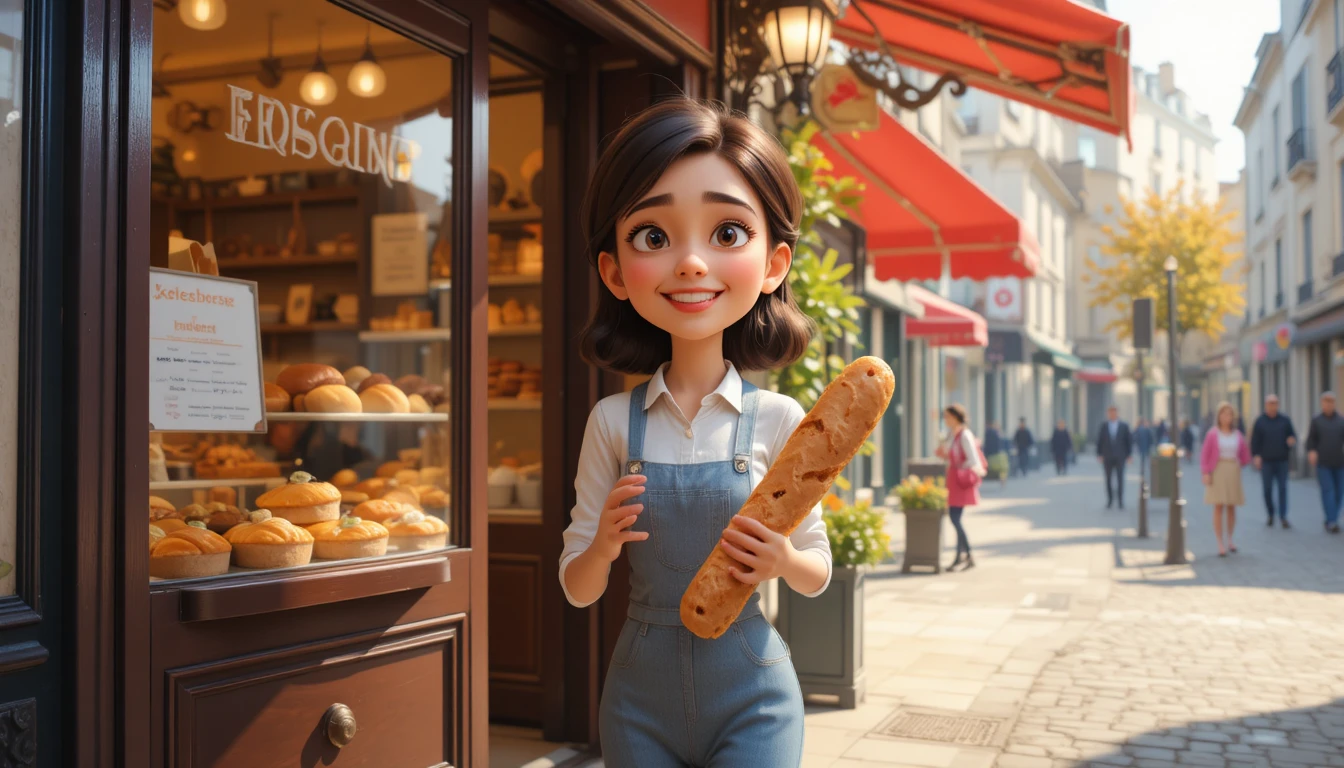 Mulher alegre saindo de uma padaria em Paris com baguete fresca