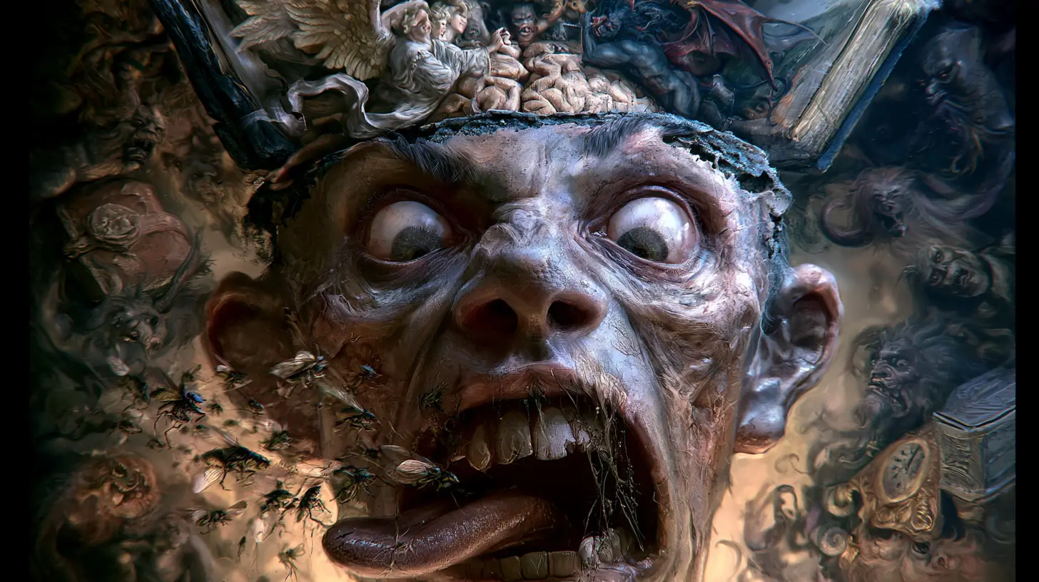 Surreal distorted face with insects and exposed brain