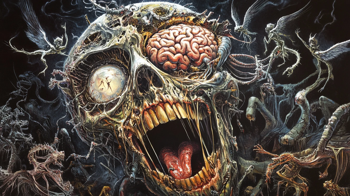 Surreales verzerrtes Gesicht mit hervortretenden Augen und aufgerissenem schreiendem Mund